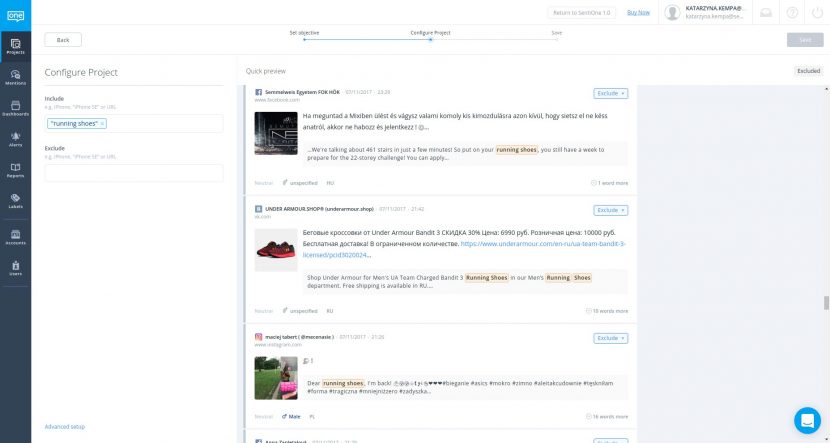 Vytvoření projektu pro sledování sociálních médií v nástroji SentiOne