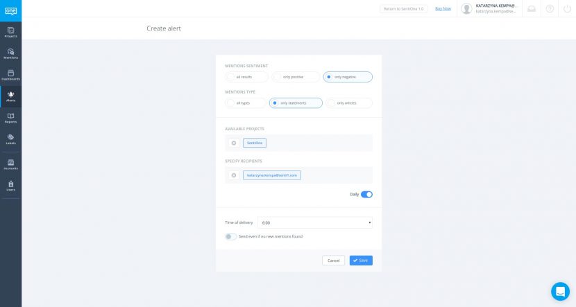 Vytvoření upozornění pro sociální média v řešení SentiOne