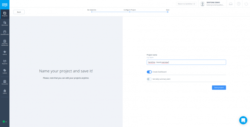Zapisz projekt śledzenia marki w aplikacji SentiOne