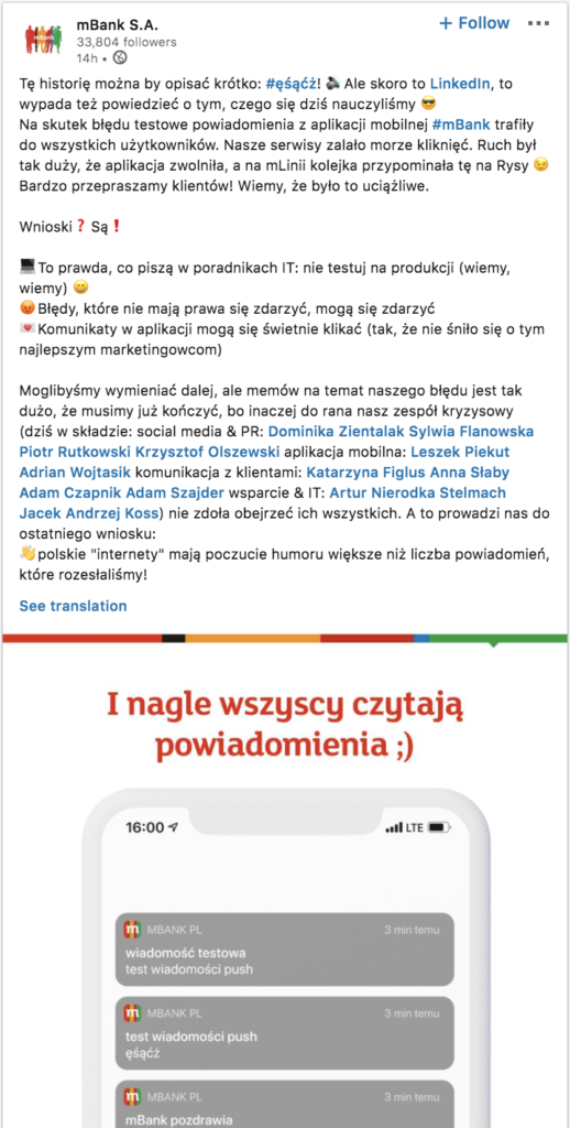 mbank kryzys odpowiedź mbanku na Linkedin