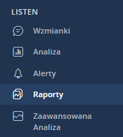 Menu SentiOne Listen z zaznaczoną opcją "Raporty".