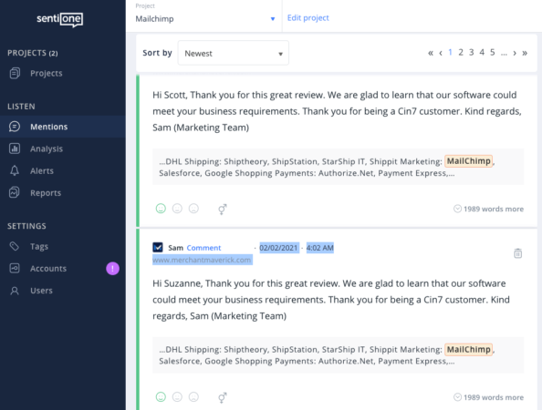 Przykładowe wzmianki dla marki Mailchimp