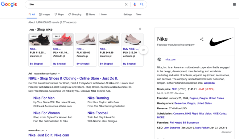 Wyniki wyszukiwania Google dla marki Nike.
